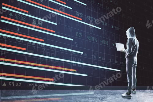 Preview: Business Security Concept With Hacker With Laptop And Digital Forex Chart With Graphs. Double