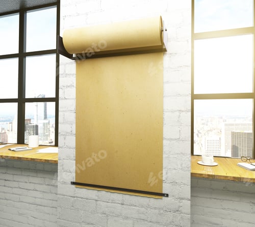 Preview: Parchment Roll On White Brick Wall With Windows And City View, Mock Up, 3D Render