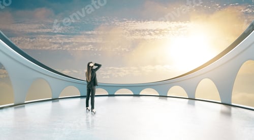 Preview: Thoughtful Businesswoman Standing On Modern Balcony With Beautiful Sky At Sunset View. Success And