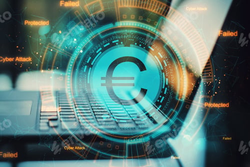 Preview: Close Up Of Laptop With Creative Digital Euro Sign On Blurry Background. Online Market And Currency