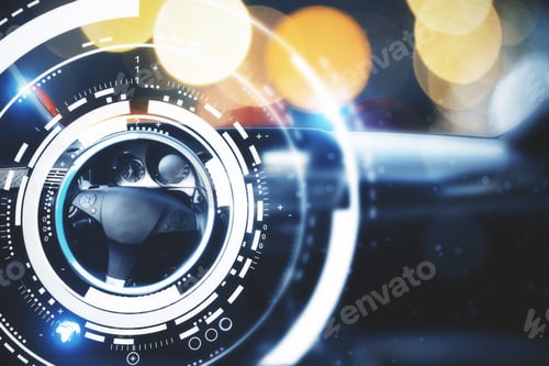 Preview: Car With Modern Digital Interface On Bokeh Background. Transport And Innovation Concept. Double