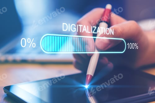 Preview: Digital World Concept With Hologram Digitalization Sign And Loading Bar Element On Man Hand With