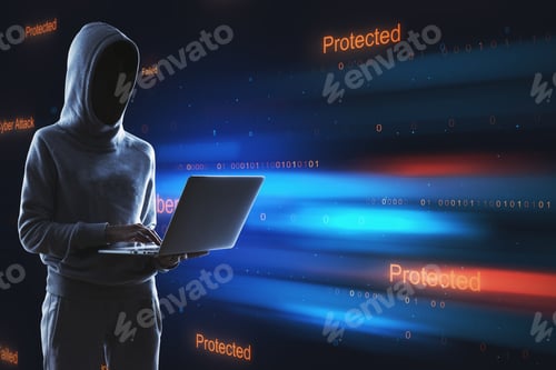 Preview: Hacker Using Laptop With Abstract Binary Code On Blurry Background. Cyber Attack And Hacking