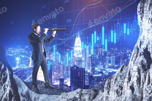 Preview: Businessman Standing On Rock And Using Telescope On Night City Background With Candlestick Chart