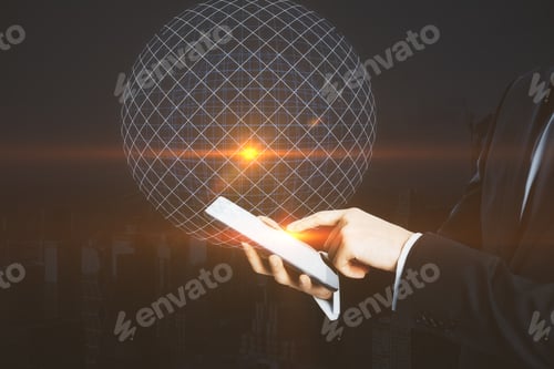 Preview: Side View Of Male Hands Using Tablet With Abstract Mesh Circle. Technology And Communication Concept