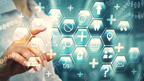 Preview: Close Up Of Female Doctor Hand Using Digital Glowing Medical Interface On Blurry Background