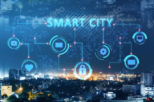 Preview: Creative Glowing Smart City Backdrop With Digital Hologram And Dark Night Sky. Ai And Technology
