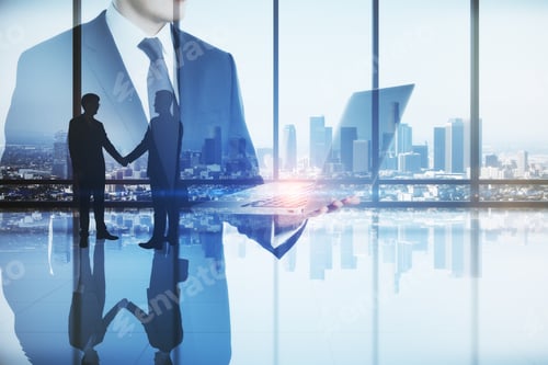 Preview: Abstract Image Of Businessman Using Laptop Computer In Modern Office Interior With Panoramic City