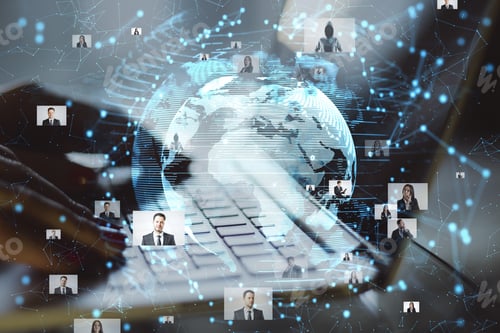 Preview: Close Up Of Hand Using Laptop At Desktop With Abstract Glowing Globe Hologram With Photo Gallery On