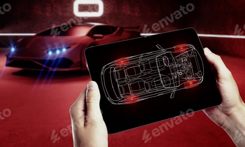 Preview: Hand Holding Tablet With Car Outline In Blurry Garage With Red Sportscar. Transport Diagnostics And