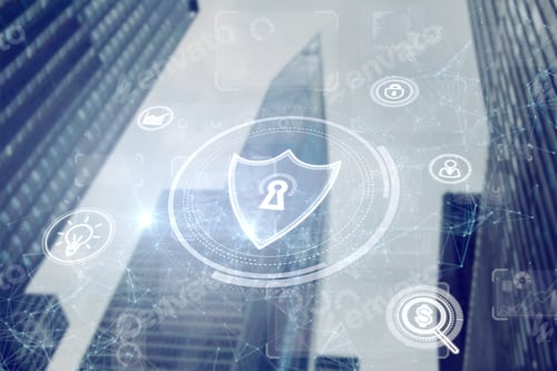 Preview: Abstract Polygonal Shield Hologram On Blurry City Background. Antivirus And Access Concept. Double