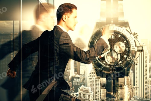 Preview: Running Busibessman And Clock On Abstract City Background. Time Management Concept