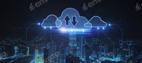 Preview: Creative Glowing Clouds Hologram On Dark Blue Night City Background. Cloud Computing And Download