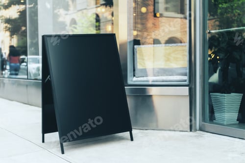 Preview: Empty Black Menu Stand Next To Cafe Entrance. Coffee Shop And Restaurant Concept. Mock Up