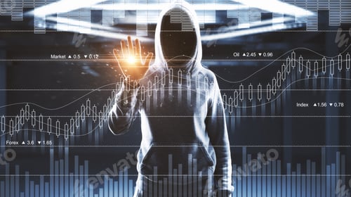 Preview: Hacker With Forex Chart On Blurry Office Background. Hacking And Information Concept. Double