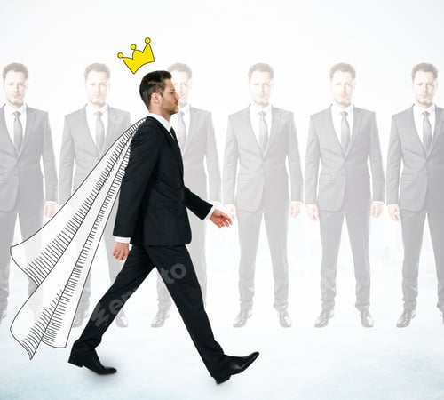 Preview: Side View Of Young Businessman With Drawn Crown And Cape On White Background With Silhouettes
