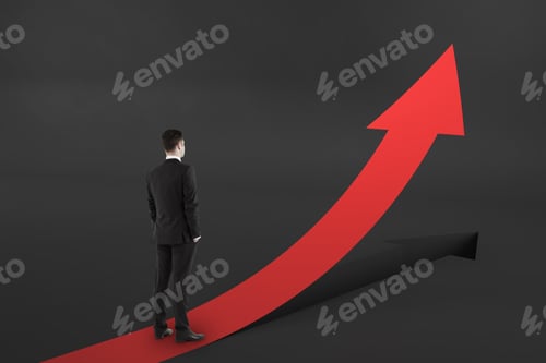 Preview: Businessman With Abstract Red Arrow On Black Background. Growth And Career Development Concept