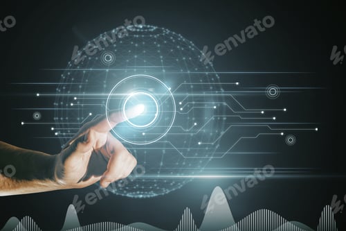 Preview: Close Up Of Businessman Hand Pointing At Abstract Glowing Polygonal Sphere And Digital Business