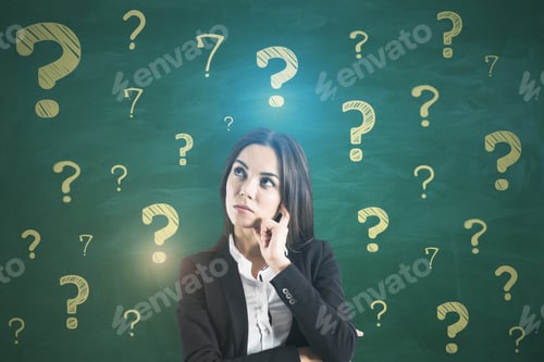 Preview: Portrait Of Attractive Thoughtful Young European Businesswoman On Chalkboard Wall Background With