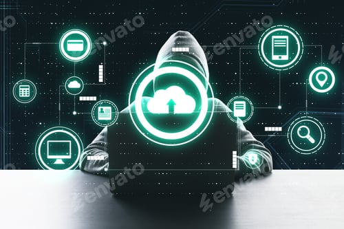Preview: Data And Cloud Service Security Concept With Hacker Silhouette With Laptop And Virtual Screen With