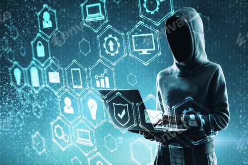 Preview: Hacker Using Laptop With Digital Business Interface Hologram. Criminal And Technology Concept