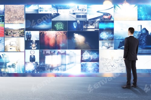 Preview: Businessman Looking At Abstract Digital Picture Gallery. Multimedia And Search Concept