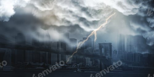 Preview: Abstract City Wallpaper With Thunderstorm And Mock Up Place. Weather And Dramatic Nature Concept