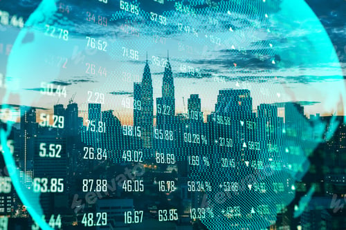 Preview: Global Trading Concept With Digital Screen. Lighting Earth Globe At Stock Chart On City Background.