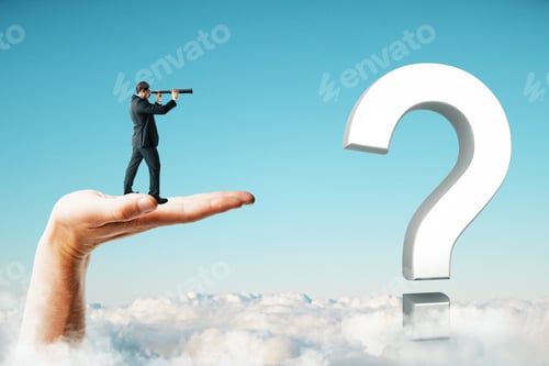 Preview: Businessman With Telescope Standing On Abstract Hand And White Question Mark And Looking Into The