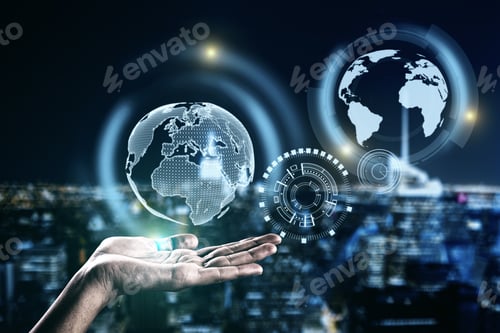 Preview: Hand Holding Abstract Digital Interface On Night City Background. Future Concept. Double Exposure