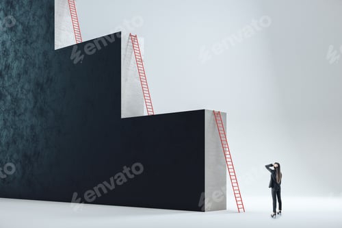 Preview: Businesswoman Looking On Red Ladder. Success And Challenge Concept. Mock Up