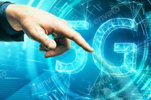 Preview: Hand Using Glowing Polygonal 5G Internet Hologram. Mobile Speed And Innovation Concept.