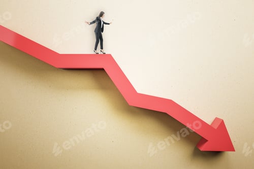 Preview: Businesswoman Standing On Abstract Red Downward Chart Arrow On Light Background. Down, Drop