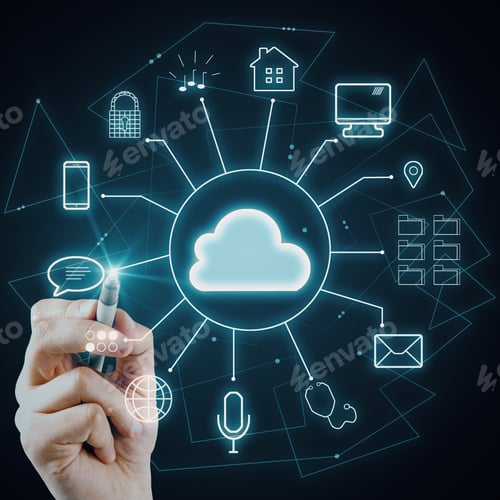 Preview: Hand Using Glowing Cloud Interface On Dark Background. Cloud Computing And Communication Concept