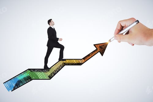 Preview: Businessman Climbing Drawn Arrow On White Background. Success And Financial Growth Concept