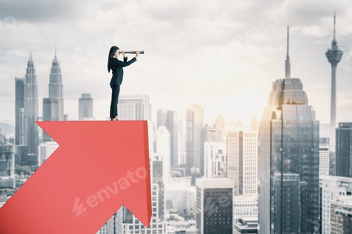 Preview: Businesswoman Standing On Red Arrow And Using Telescope To Look Into The Distance On City