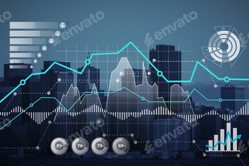 Preview: Creative Business Graph Hologram On Blurry City Grid Background. Finance, Income And Analysis