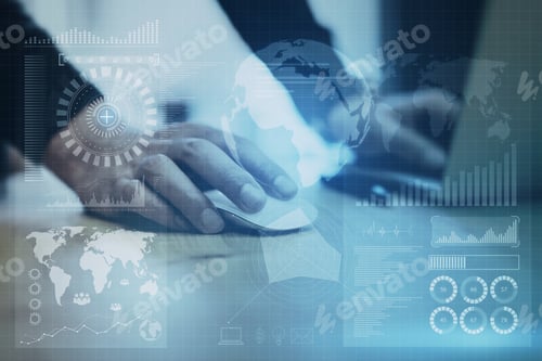 Preview: Close Up Of Hand Using Laptop Computer With Abstract Global Digital Business Interface On Blurry