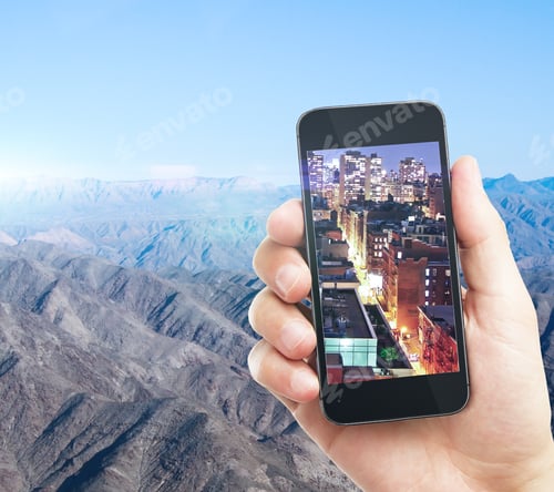 Preview: Hand Taking Picture Of City With Smartphone. Photography And Art Concept