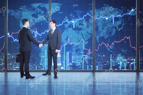 Preview: Businessmen Shaking Hands In Office Interior With Night City View And Forex Chart. Teamwork And