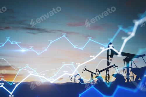 Preview: Fuel And Oil Industry Quotes Concept With Digital Financial Chart Diagram And Oil Pump Jacks On A