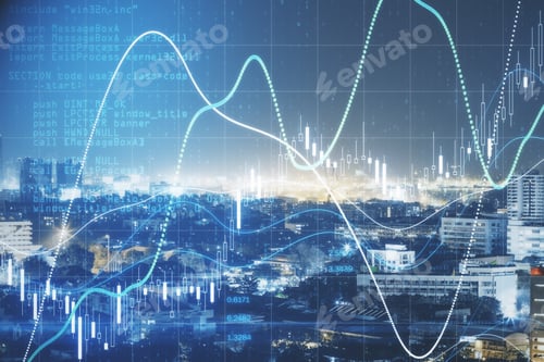 Preview: Digital Forex Chart With Glowing Diagram, Stock Market Numbers At Abstract Night City Background