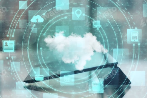 Preview: Tablet With Cloud Computing Diagram. Cloud Computing And Network Concept.