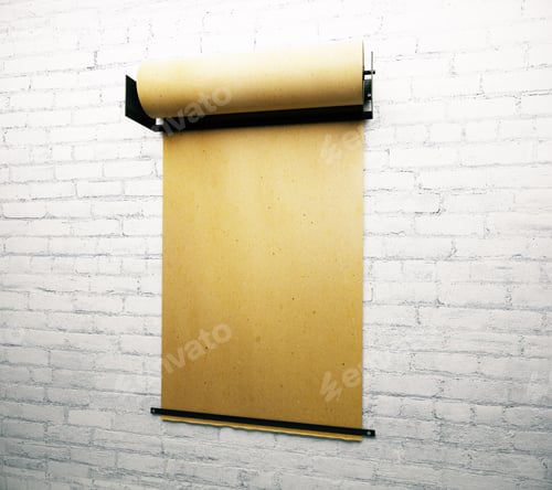 Preview: Parchment Paper Roll Hanging On White Brick Wall. Mock Up