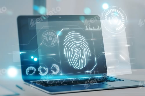 Preview: Close Up Of Laptop Computer With Abstract Glowing Fingerprint Interface On Blurry Background. Login