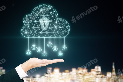 Preview: Hand With Glowing Digital Cloud On Blurry Night City Background. Cloud Computing And Technology