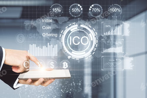 Preview: Hand Using Tablet With Glowing Hologram On Blurry Background. E-Commerce, Cryptocurrency And
