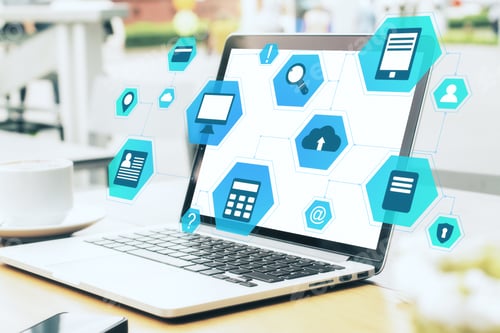 Preview: Workplace With Laptop On Table And Cloud Computing Diagram. Business And Technology Concept. Double