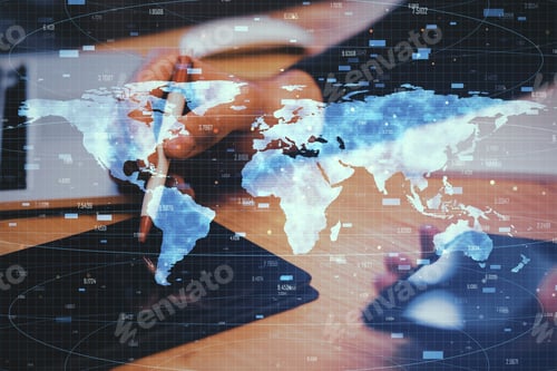 Preview: Close Up Of Hands Using Devices With Digital Map. Global Business And Interactive Concept