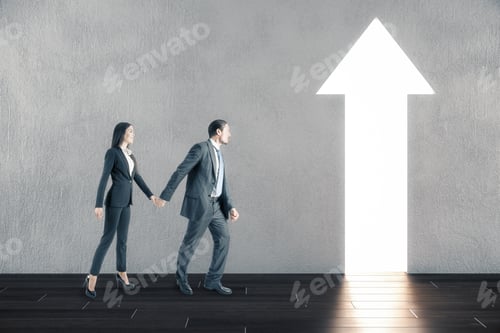 Preview: Businessman And Businesswoman Walking To Abstract White Arrow On Wall. Success And Startup Concept.